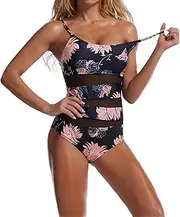 [Generic] Women Sexy One Piece Swimsuits U Neck Padded Mesh High Waisted Bathing Suits Spaghetti Strap Printing Cutout Swimwear