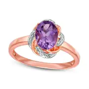 Oval Amethyst and Natural Diamond Accent Swirl Frame Ring in Sterling Silver with Solid 18K Rose Gold Plate