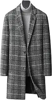 [DGKaxiyaHM] Men's Plaid Warm Business Wool Blend Coat Slim Single Breasted Pea Trench Coat Winter Casual Overcoat