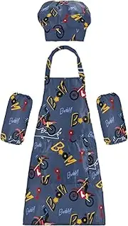 AIXIWAWA Kids Apron Chef Hat Set, Child Kitchen Bib Aprons Adjustable for Cooking Baking Painting (Cartoon Motorbike)