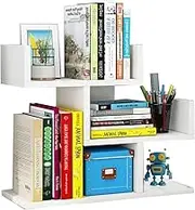 Wood Desktop Bookshelf Small Bookcase Shelves Home/Office Organisers Floor Stand Bookshelf Display Storage Shelf for Books/CDs/Albums/File Holder (White)