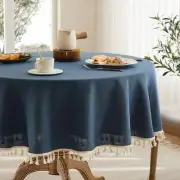 Linen Tablecloth with Tassels Farmhouse Style Navy Tablecloth Water Resistant...