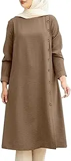 [Generic] Muslim Dresses for Women Solid One-Piece Muslim Abaya Modest Maxi Robe Top Classic Islamic Gift Set for Eid Ramadan, Khaki, 3X-Large