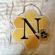 ASHLAND 3D Bee Hive Honey Comb N Initial Hang Art Sign Yellow Distressed Cute
