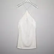 Asos White Sleeveless Fringe Trimmed Halter Neck Tank Top Size 8 NWT