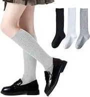 [EPEIUS] Knee High Socks for Girls Seamless Cotton School Uniform Socks Boy Ribbed Dress Socks Kids White Long Socks Navy