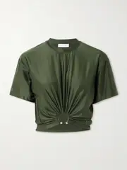 [RABANNE] RABANNE - Embellished Gathered Satin-jersey T-shirt - Army green - FR 40 FR 40 Green