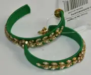$490 New Oscar de la Renta Raffia Crystal Hoop Earrings Emerald Green Gold