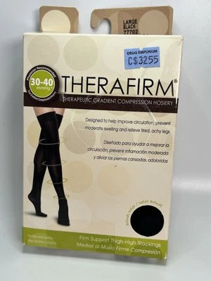 New Therafirm Thigh High Compression Hosiery Socks 30-40mmHg Black Large 77702