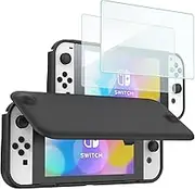 ProCase Flip Cover for Nintendo Switch OLED with 2 Pack Tempered Glass Screen Protectors, Flip Case with Magnetically Detachable Front Cover for Nintendo Switch OLED 2021 -Black