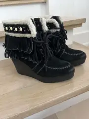 NEW! Sam Edelman Black Suede Leather Fringe Studded Kemper Boots 6.5 M $150