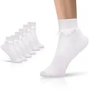 [SOCKSVILLE] Girls Frilly Socks 6 Pairs Cotton Rich | Home, School, Everyday Wear, Dress | Lace Trim, Casual Super Soft White Frilly Socks Girls | Durable, Lightweight, Breathable, Quick Drying | Sizes 2-14 Years