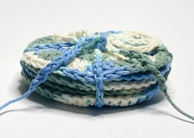 Set of 5 Handmade Crochet Cotton Face Scrubbies Blue Green Cream By Fancy Knots