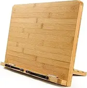 Bamboo Book Stand Cookbook Holder Reading Bookrest with 5 Adjustable Heights, Foldable Tray and Page Paper Clips Portable Sturdy Bookstands for Textbook, Magazine, Music Books, Recipe by Pipishell