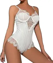 [Zylphorix] Women's Eyelash Lace Trim Lingerie One Piece Mesh Babydoll Bodysuit Leopard Backless V Neck Bodysuits