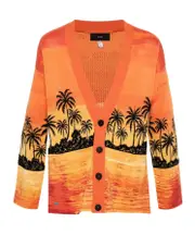 Alanui Kerala Sunset Drop Shoulder Intarsia Knit Cardigan L,M Red