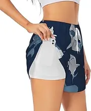[WURTON] Blue Cartoon Shark Print Exercise Gym Workout Shorts Women's Athletic Shorts Dual-Layered Yoga Running Shorts