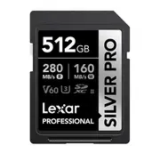 Lexar Professional SILVER PRO 512GB SDXC™ UHS-II Card 512GB—C10, UHS-II(U3), V60, Silver Pro, up to 280MB/s read, 160MB/s write