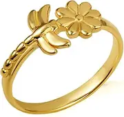 [Claddagh Gold] 14K Yellow, White, and Rose Gold Polished 2.2mm Cute Animal Insect Dragonfly Daisy Flower Nature Statement Ring for Women Girls, Available in Sizes 4-12