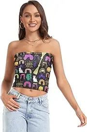 [RPLIFE] Groovy Colorful Wig Black Tube Top Strapless Top for Women, Sheer Tube Tops, Sexy Tube Tops (S)