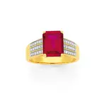 9ct Gold Created Ruby & .15ct Diamond Dress Ring in Red