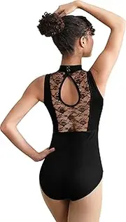 [Mulnall] Women Turtleneck Ballet Dance Leotard Adult Black Tank with Water-drop Lace Hollow Back,Full Front Lining,Chest Padding Gymnastic Dancewear