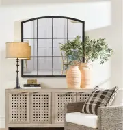 36 Inch Arched Window Mirror, Matte Black Metal Frame Decorative Mirror, Grid Wa