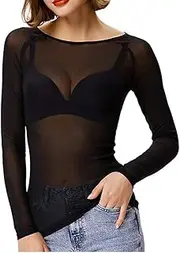 [Ysabeloom] Women's Sheer Tops Long Sleeve Mesh Sheer Top See Through Blouse Shirt