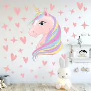 Pink Unicorn Wall Decals Multi Coloured Love Hearts Vinyl Stickers Kids Girls