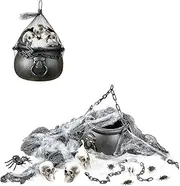"HALLOWEEN DECORATIVE SET" (cauldron, 3 skulls, spiderweb & spider, chain and freaky fabric) -