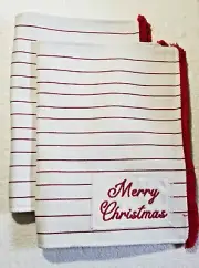 Merry Christmas Fabric Placemats Set of 2 White & Red Stripe 13" X18" Fringe