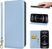 NanHou iPhone 12 / iPhone 12 Pro Case Microfiber Leather RFID Blocking Wallet Magnetic Closure Kickstand Wrist Strap Card Holder Shockproof Flip Cover - Light Blue