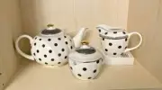 Grace's Teaware Teapot Sugar Creamer White Gray Dots Pale Blue Toile 3 Pc SET