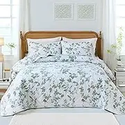 Cozaline 100% Cotton Quilt Set Queen Size Green Floral Lightweight Bedspreads 3 Pieces Reversible Coverlet Bedspread with 2 Pillowcases All Seasons