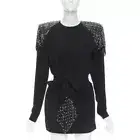 SAINT LAURENT Runway black chainmail stud shoulder pad belted dress FR38 S