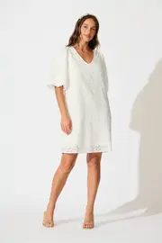 Ashlynn Dress Half Sleeve in White Broderie Cotton 8