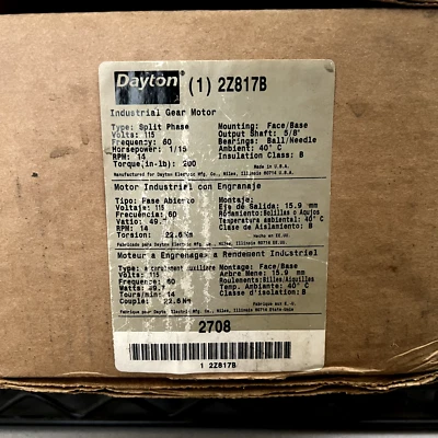 Dayton Industrial Gear Motor 2Z817B Split phase 115V, Frequency 60