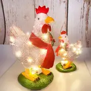 Creative 3D Light Up Chicken with Scarf Lawn Ornament - (Not Inclued LED Lights) Rooster Resin Sculpture (1Pack)