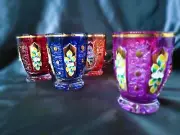 Bohemia glass color tea, coffee cups decorated gold and enamel, 6 pcs .