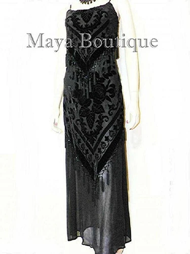 Black Dress Gown Fringe Flapper Style Beaded Burnout Silk Velvet Maya M