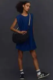 By Anthropologie Cap-Sleeve Plissé Mini Dress in Blue Size XL