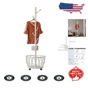 Durable White Metal Coat Stand with 6 Hooks and Rotating Basket - Space Saver