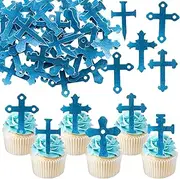 Ephlyn 48Pcs Edible Cross Cupcake Toppers Cross God Bless Cupcake Toppers Wafer Paper Christian Baptism Cross Cupcake Picks for Religious Theme Baby Shower Birthday Party Cake Supplies Blue