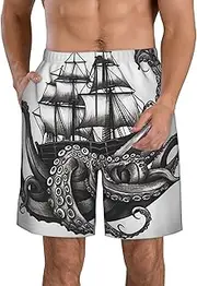 [FJWSLCH] Black and White Octopus and Ship Men's Swim Trunks Quick Dry Swimming Board Shorts Drawstring Hawaiian Beach Shorts