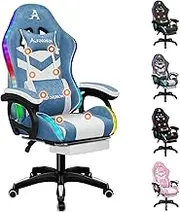 ALFORDSON Gaming Office Chair with 12 RGB LED Lights & 8 Point Massage, Racing Computer Chair with Lumbar Support & Footrest, Ergonomic Desk Chair with Linen Seat Office Gamer (Fabric Blue)