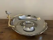 Pewter Metal Serving Tray Chip Dip With Bird Perched On Branch Made In India 12”