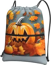 EdWal Autumn Leaves Thanksgiving Day Pumpkin Print Drawstring Backpack Gym Bags Sports Bags With Zipper Pocket For Travel Beach, Black, One Size