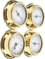 Weather Instruments Weather Set Station Set with Barometer, Thermometer, Hygrometer, and Clock - Marine Wall Hanging Design - Brass Case - Boat Accessory 4Pcs Weather Station Set, 5.7in Portable