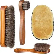 Sandiyago Shoe Brush Set - Horsehair for Shine Polish Buff 3 Pcs Dauber Applicator Brushes + 1 Pc Shoes Cloth Glove Brown 20.5 x 16x 6 cm
