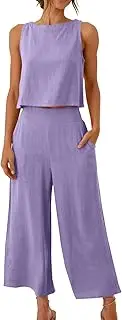 Rkwins Womens 2 Piece Outfits Summer Tank Tops and Wide Leg Set Casual Linen Pants Set Sleeveless Crop Tops Two Piece Sets